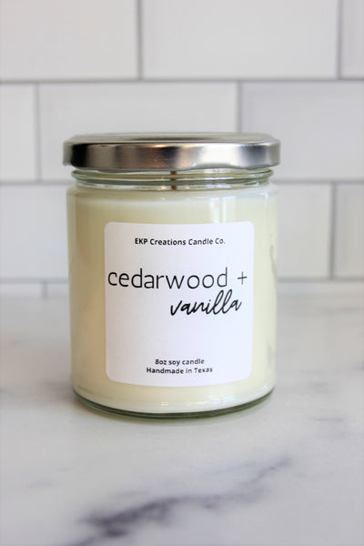 8oz Cedarwood + Vanilla scented soy candle