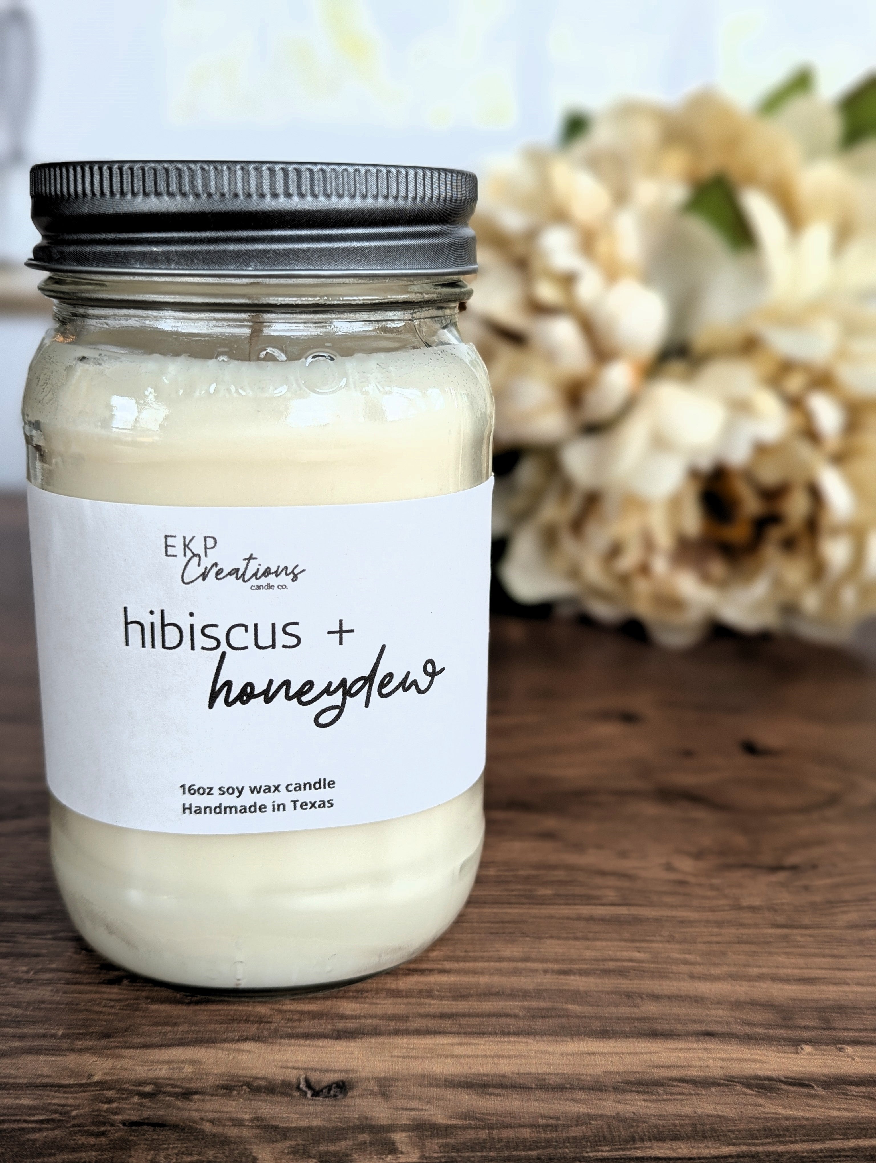 Hibiscus + Honeydew scented 16oz soy candle handmade in Plano, Texas
