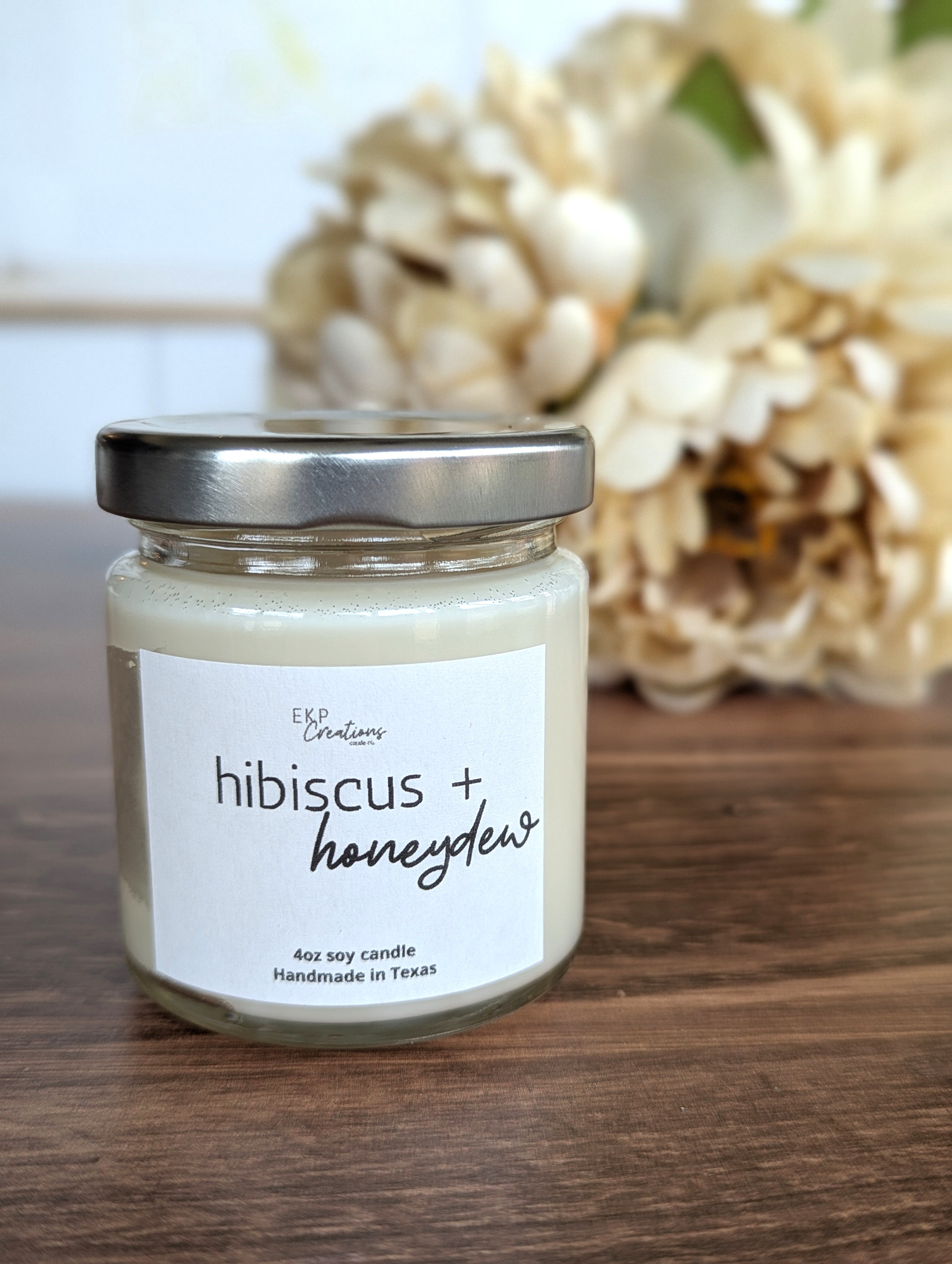 Hibiscus + Honeydew scented 4oz soy candle handmade by EKP Creations Candle Co. in our home studio in Plano, Texas