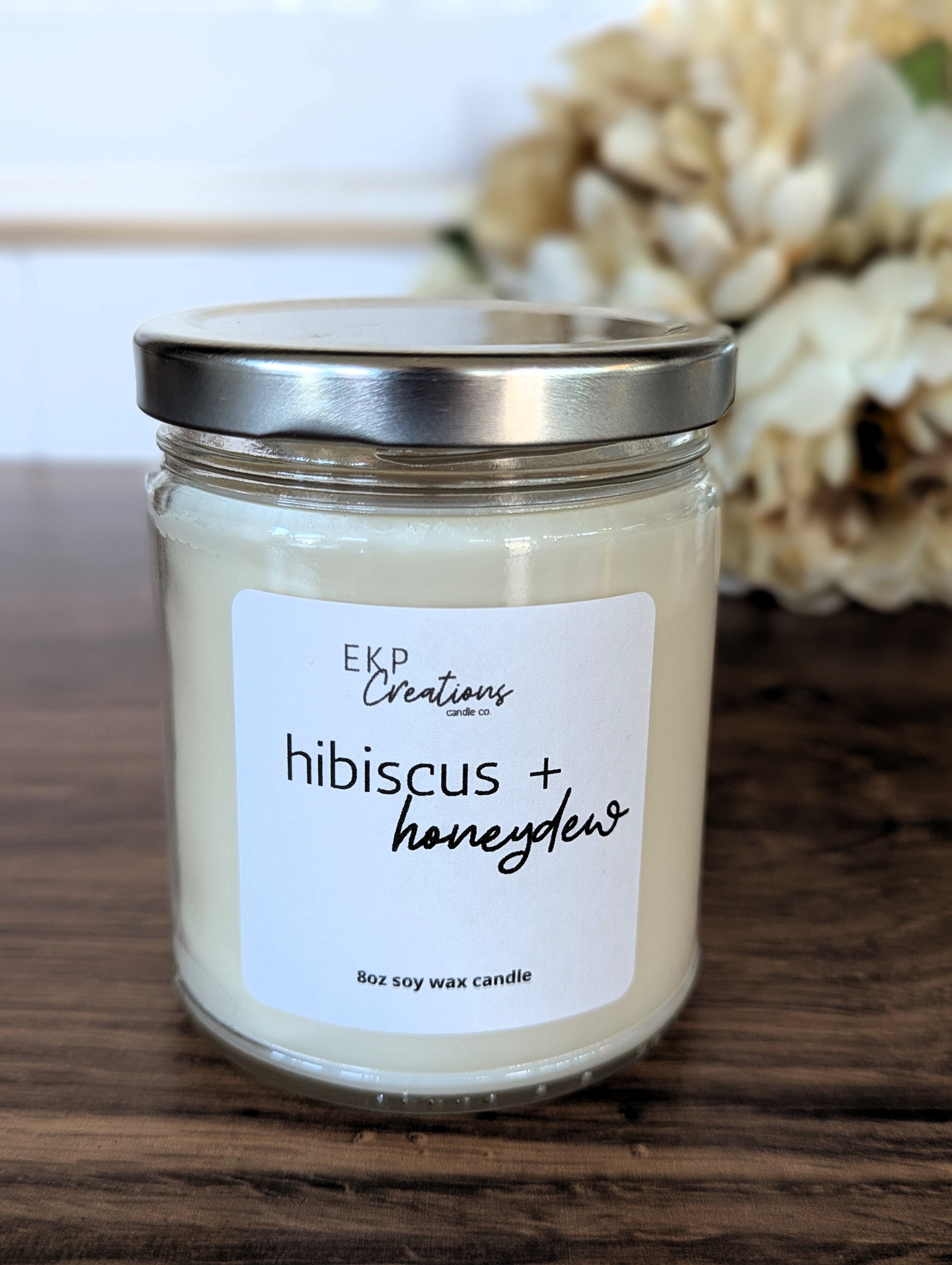 Hibiscus + Honeydew scented 8oz soy candle handmade by EKP Creations Candle Co. in our home studio in Plano, Texas