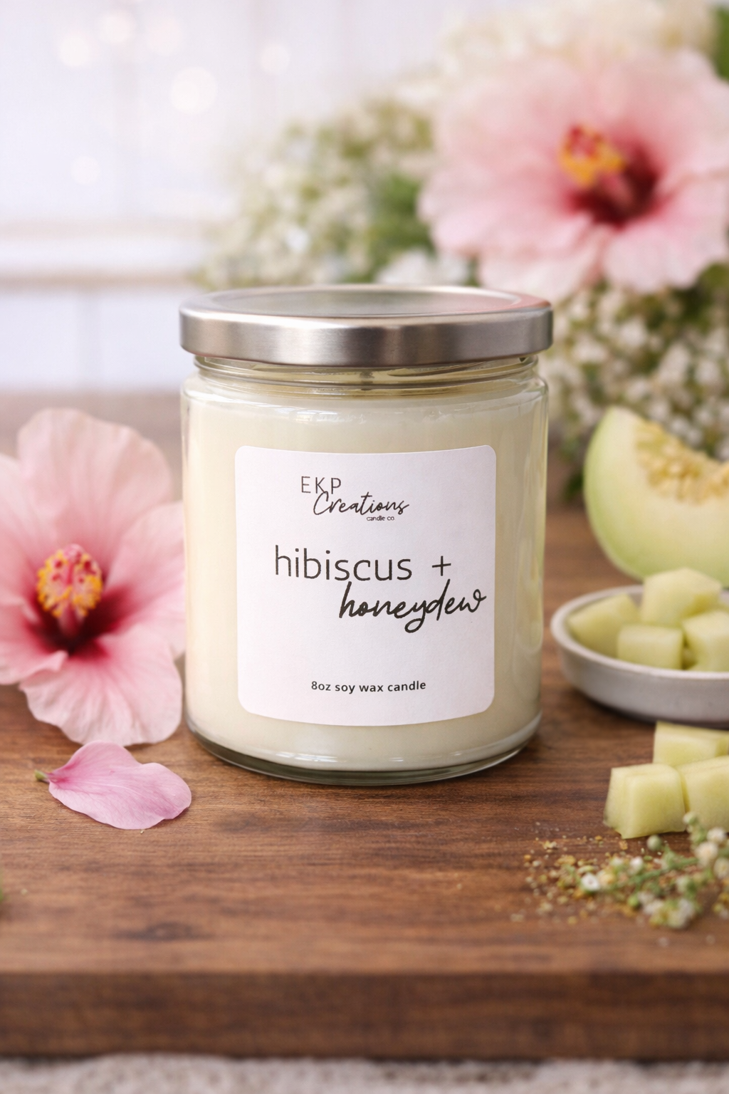 Hibiscus + Honeydew scented 8oz soy candle handmade in Plano, Texas