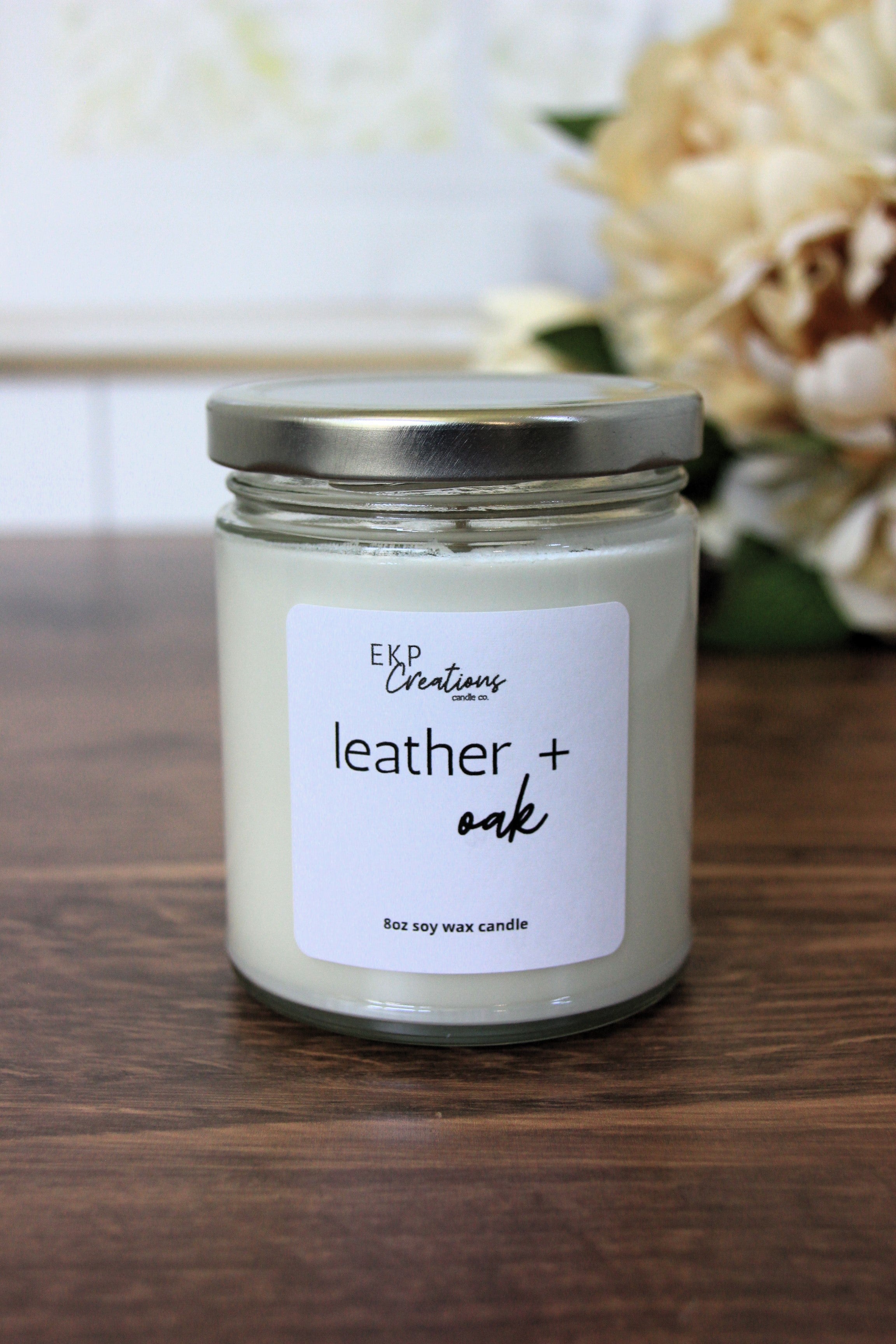 Leather + Oak scented soy candle