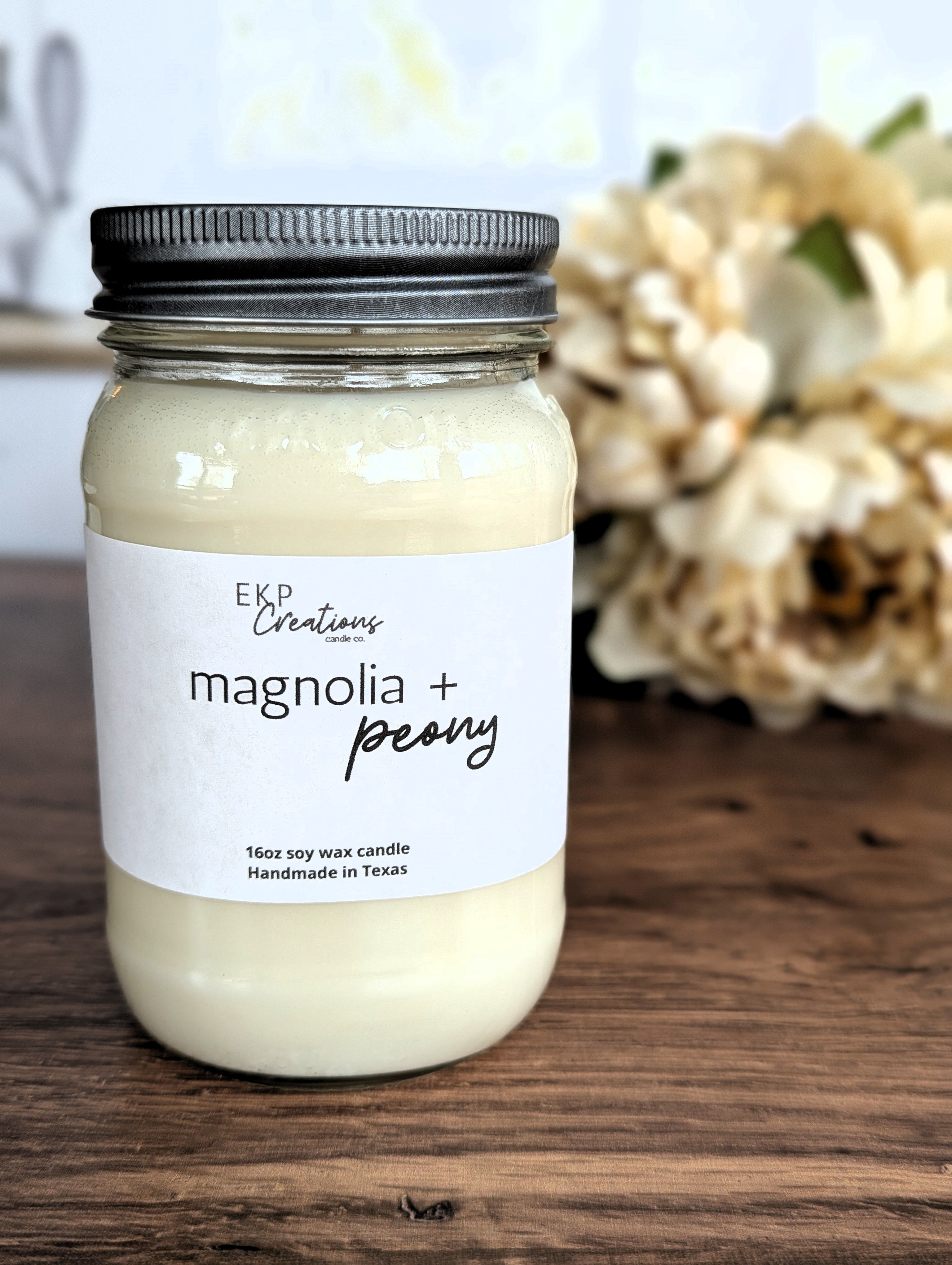 Magnolia + Peony scented 16oz soy candle handmade in Plano, Texas