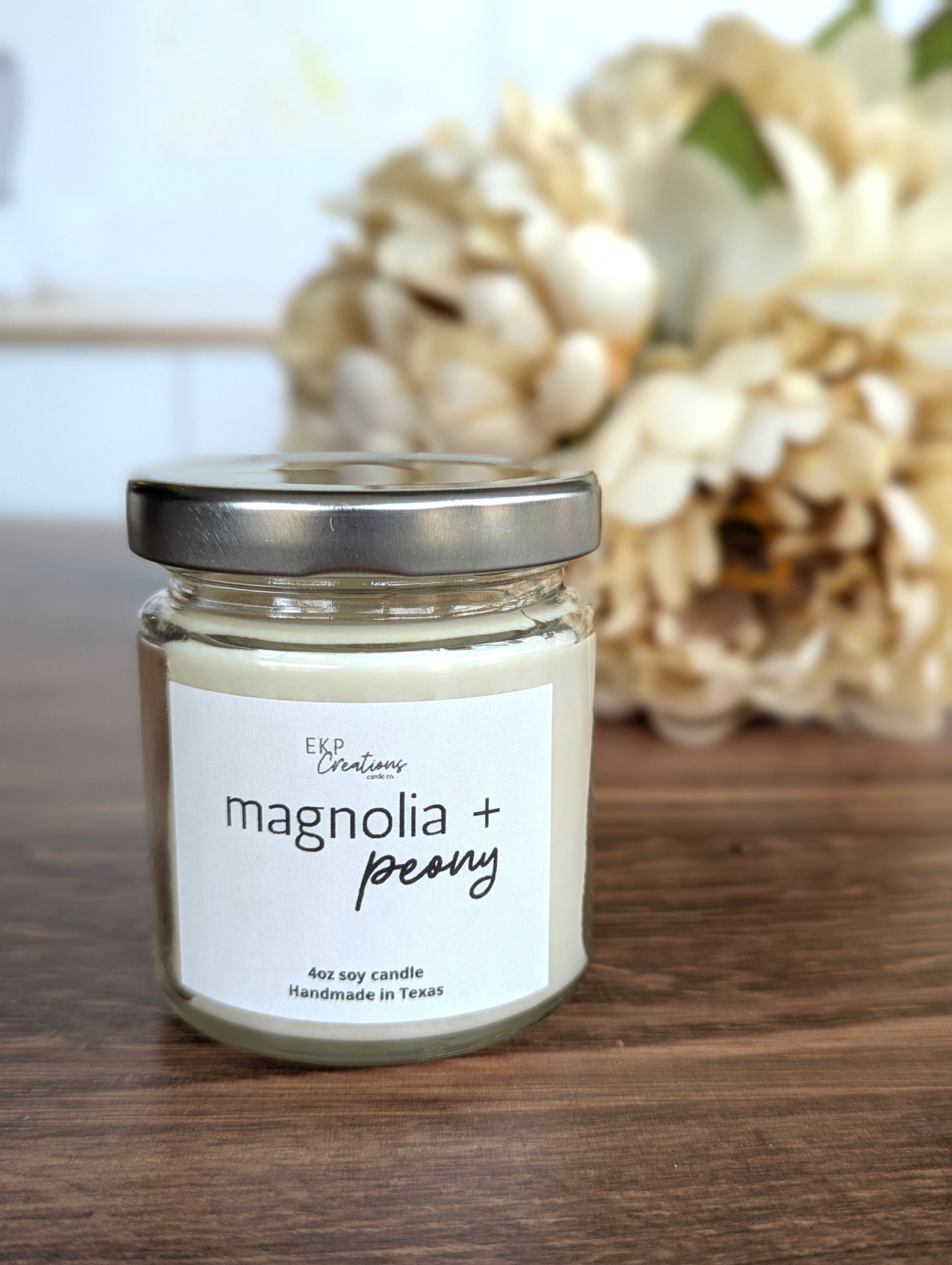 Magnolia + Peony scented 4oz soy candle handmade in Plano, Texas