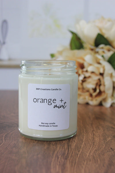 Orange + Mint scented 8oz soy candle