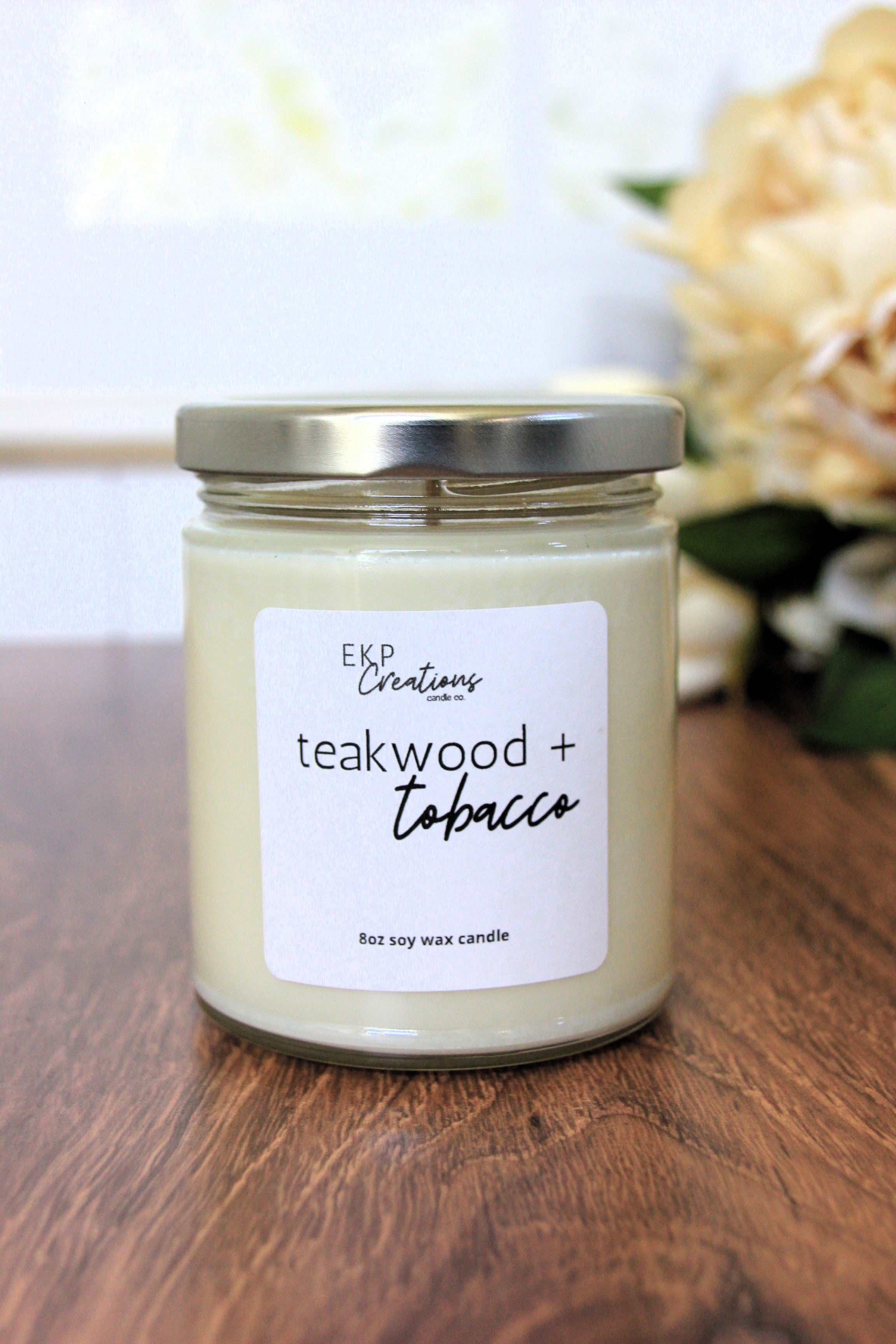 Teakwood + Tobacco scented soy candle