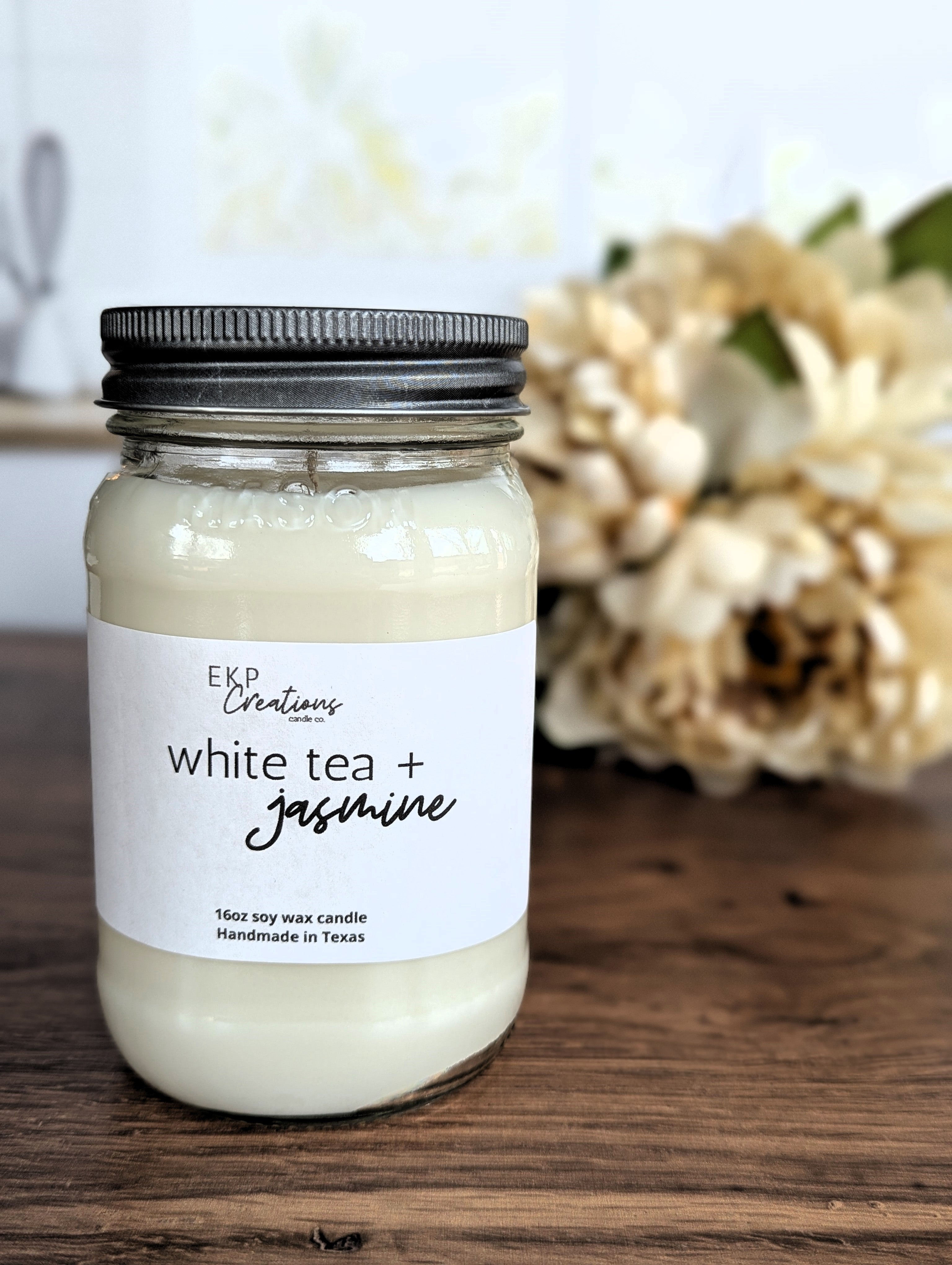 White Tea + Jasmine scented 16oz soy candle handmade by EKP Creations Candle Co. in our studio in Plano, Texas