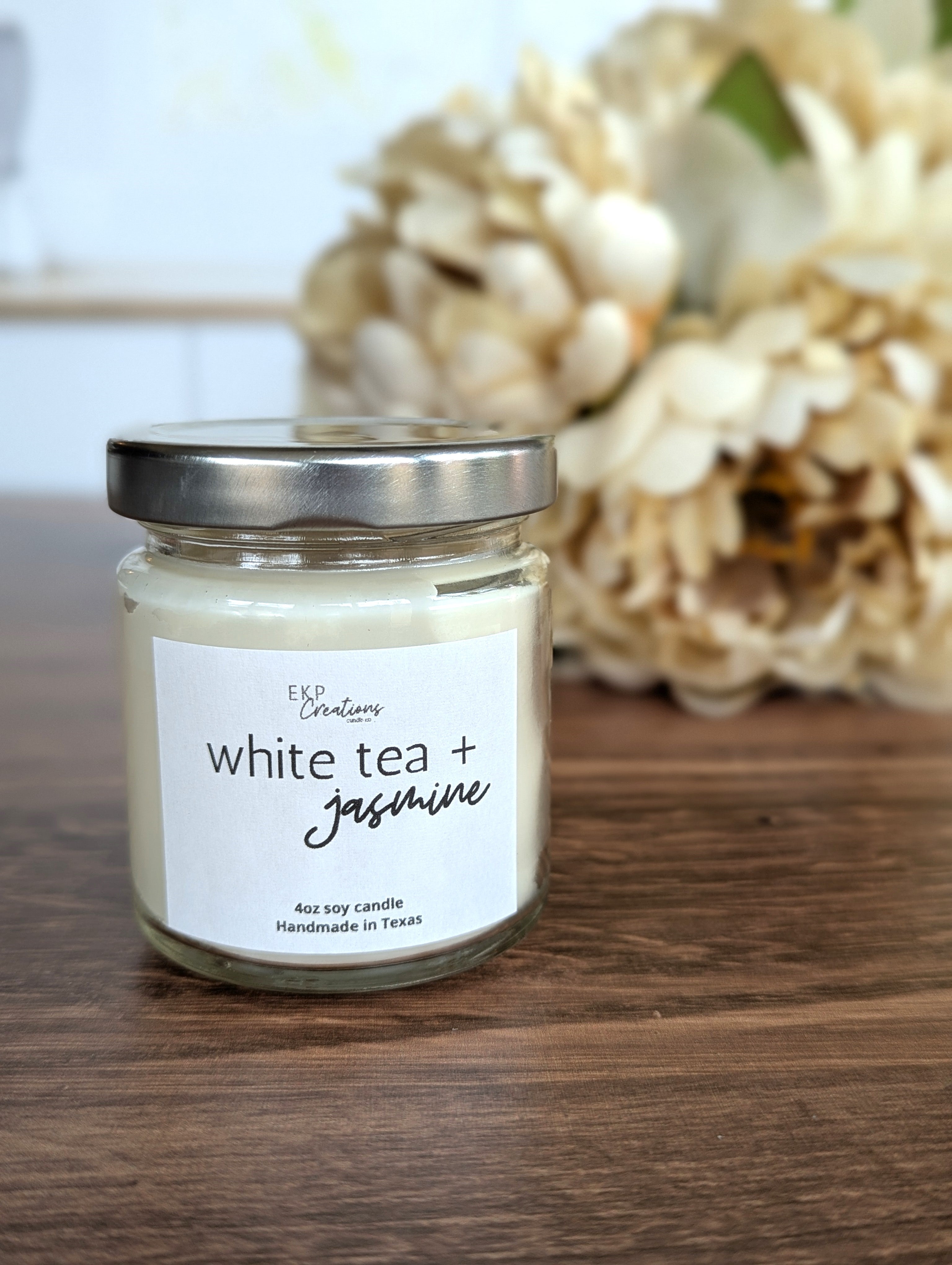 White Tea + Jasmine scented 4oz soy candle handmade by EKP Creations Candle Co. in our studio in Plano, Texas