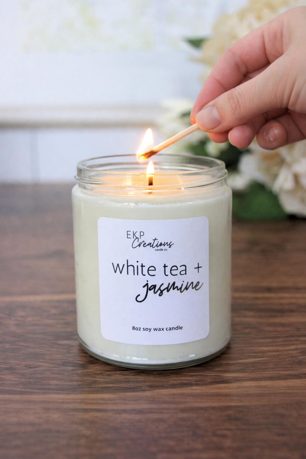 White Tea + Jasmine scented 8oz soy candle handmade by EKP Creations Candle Co. in our studio in Plano, Texas