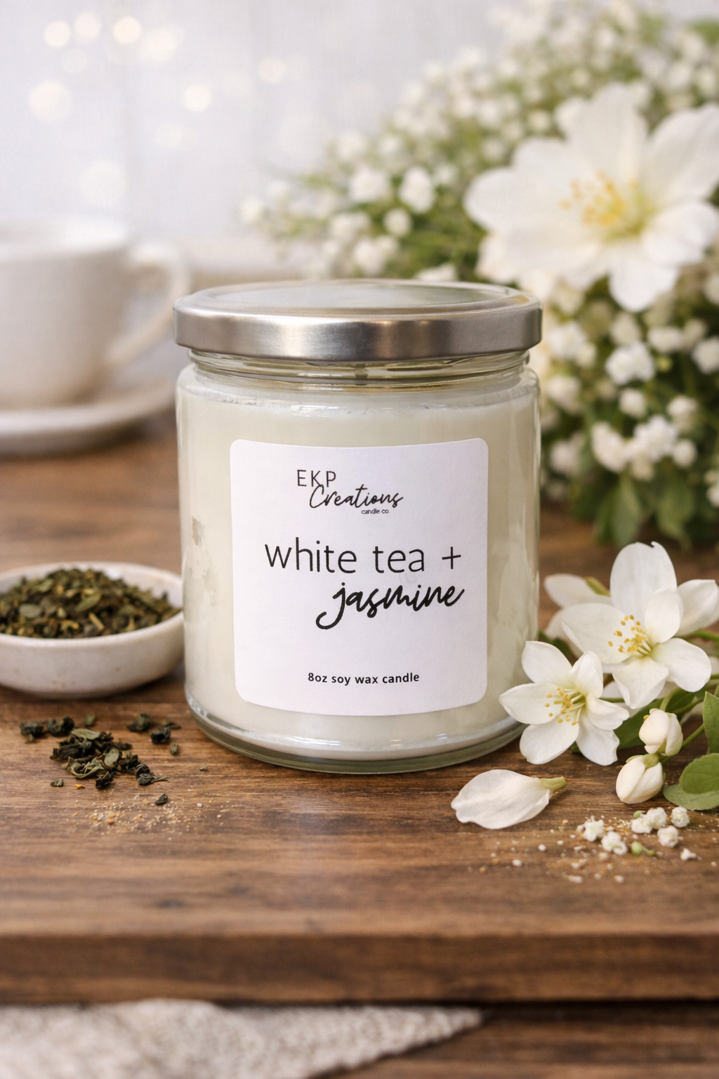 White Tea + Jasmine scented 8oz soy candle handmade by EKP Creations Candle Co. in our studio in Plano, Texas